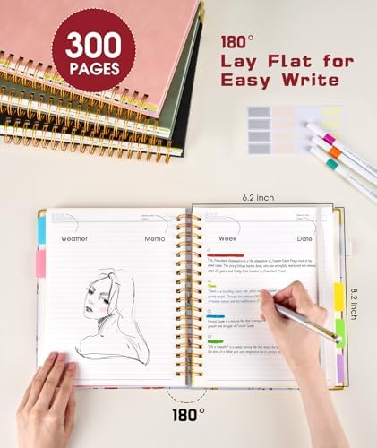Hardcover Spiral Notebook journal with Removable Dividers Tabs, 300 Pages 5 Subject Notebook College Ruled, 100GMS Notebooks for Work School Note taking,Lined Journal for Women,A5-Flower white