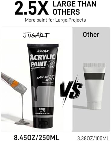 JusArt Metallic Silver Acrylic Paint, 8.45oz/250ml Large Tube, Heavy Body