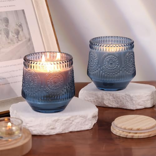LAMORGIFT 13.5OZ Blue Glass Candle Jars for Making Candles, 6 Pack - Unique Empty Candle Jars Bulk with Bamboo Lids and Candle Making Accessories, Candle Vessels Containers for Candle Making