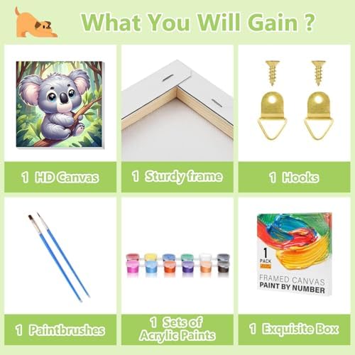 Reivworl Koala Paint by Numbers Kit for Kids with Frame 8×8 inch