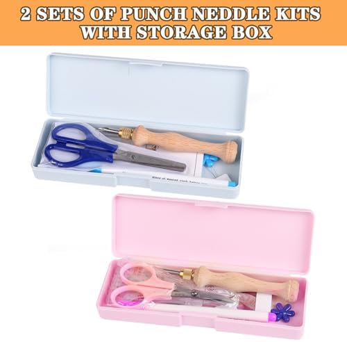 2 Sets of Punch Needle Kit with Storage Box,Adjustable Punch Needle Tool with 5 Different Metal Needles,Embroidery Punch Needle Set Adults Beginner for DIY Craft,Perfect for Gifts（Pink&Blue）