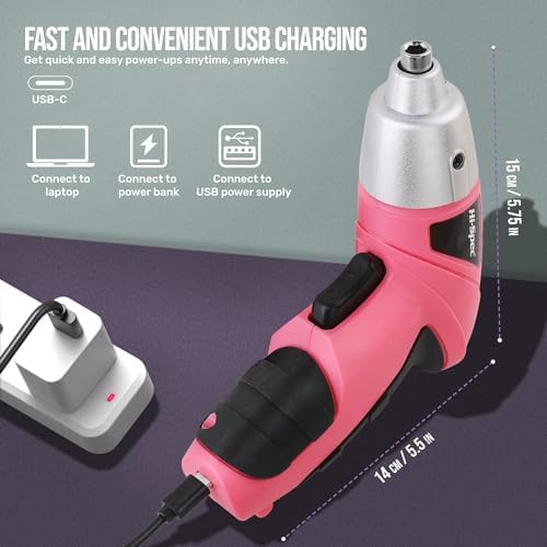 Hi-Spec 3.6V Cordless Electric Screwdriver and Tool Kit for DIY, Pink | 19pc, fast assembly help, common screw bit selection, LED visibility, compact grip, quick household fixes, organized storage