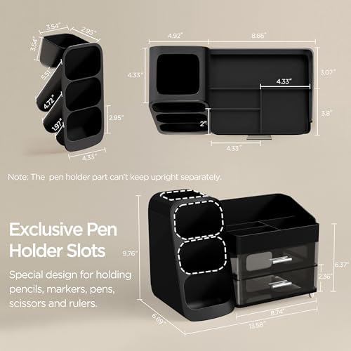 HBlife Desk Organizer with Pen Pencil Holder for Desk, Pen Organizer with 2 Drawers, Desk Organizers and Accessories with 4 Compartments, Desktop Storage for Office Home School Art Supplies, Black