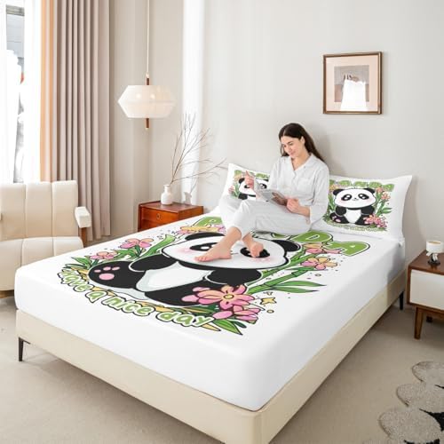 Cartoon Panda Bed Sheet Set King Size Cute Animal Mattress Cover Lively Leaves Flowers Print Sheets for Boys Girls Bedroom White Green with Flat,Fitted Sheet Pillowcase 4Pcs