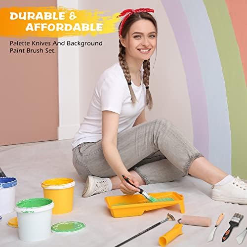CHENGU 5 Piece Paint Knives Palette Knife Set with Fan Brush for Oil Canvas | Stainless Steel Blades, 2 in and 1 in Knives, Background Blender, Mixing Spatula, Painting Starter Kit
