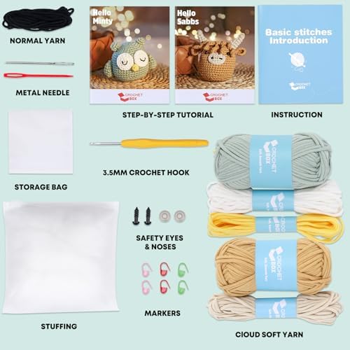 CrochetBox Crochet Kit for Beginner, Highland Cow and Owl Learn How to Crochet Stuffed Animals Gift for Adults and Teen(), Knitting Set with Yarn Hook Stitch-by-Stitch Video Tutorial