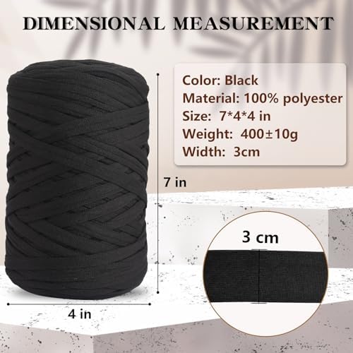 2 PCS 800g T-Shirt Yarn Elastic Fabric Crochet for DIY Knitting, 260 Yards Spaghetti Thick Knitting Yarn for Hand DIY Bag Basket Cushion Crocheting Projects,Home Decor（Black）
