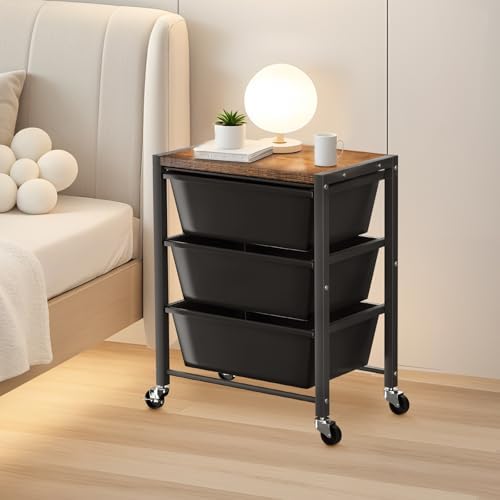 Rolling Cart with 3 Drawers, Plastic Drawer Storage Carts with Lockable Wheels & Wooden Tabletop, Metal Utility Cart Organizer, Office Bedroom Classroom Craft Organization and Storage, Dark Black
