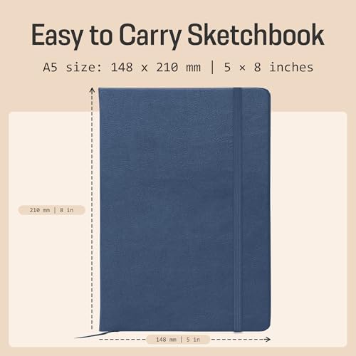 BROWNSTONE JOURNALS A5 Sketch Book Hardcover - 80 Sheets 100 GSM Paper | 5" x 8", Lay Flat, Vegan Leather Cover, Elastic Band, Back Pocket, Compact Art Drawing Book for Adults & Students