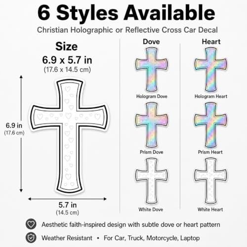 Christian Holographic or Reflective Cross Car Decal, Jesus Cross Vinyl Sticker with Subtle Dove or Heart Pattern, Weather Resistant (Hologram Dove - 2 Pack)