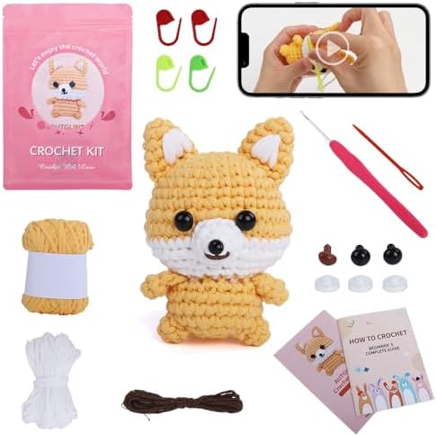 Autglint Fox Crochet Kit for Beginners, Amigurumi Animal DIY Knitting Kit with Step-by-Step Video Guides, Learn to Crochet Kit for Adults & Kids with Pre-Started Yarn - Orange Fox