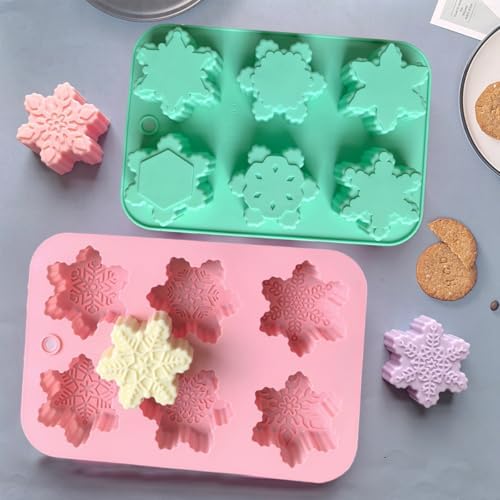2 Pcs Snowflake Silicone Candle Soap Molds for Christmas Baking Chocolate Candy Cake Pan Cookie Jelly Muffin Ice Cube Trays Baking Moulds DIY Bath Bomb Molds Decoration (Green Light Pink)