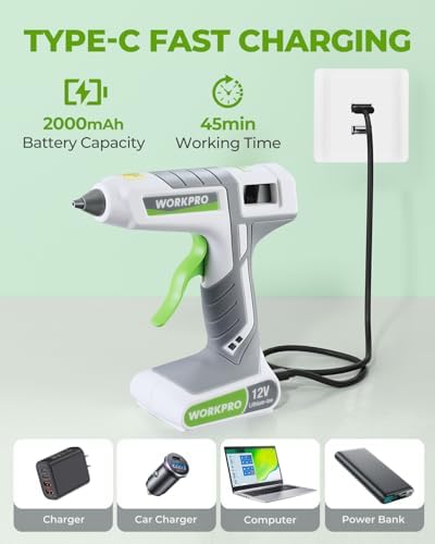 WORKPRO 12V Cordless Full-Size Hot Melt Glue Gun, Fast Preheating, White