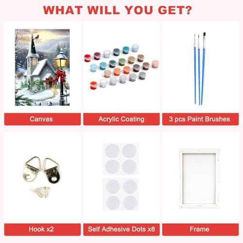 SENQAO Christmas Paint by Numbers for Adults Framed, Winter Church Adults' Paint-by-Number Kits, Adult Paint by Number Kits on Canvas, Acrylic Number Painting for Home Decor, 8x12inch