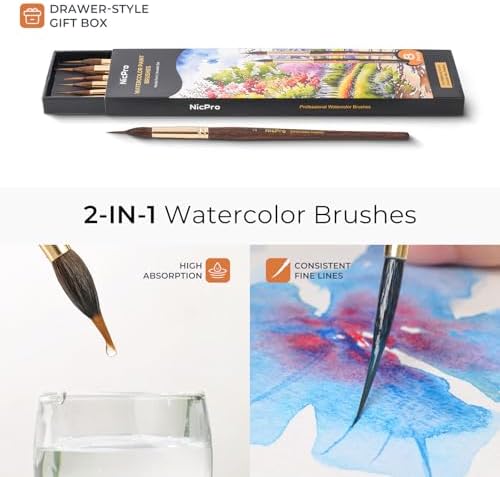 Nicpro 8 PCS Professional Watercolor Brushes, Extended Needle Point Brush Set, Sable Watercolor Brushes with Synthetic Extra Long Tip for Fine Detailing - Watercolor Acrylic Gouache Inks Painting