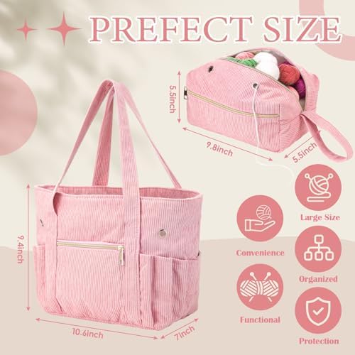 Bulyoou 2 Pcs Crochet Tote and Yarn Bag Set Corduroy Yarn Holder,Pink