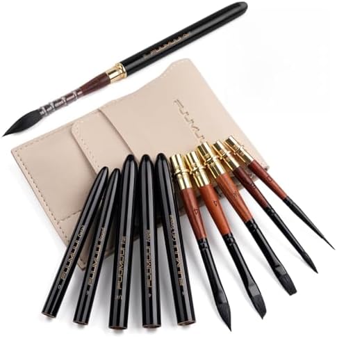 Travel Watercolor Brushes, Fuumuui Professional 6pcs Natural Soft Squirrel Hair Watercolor Travel Brush Set with Graphite Tip Pen Perfect for Watercolor Gouache Ink Painting
