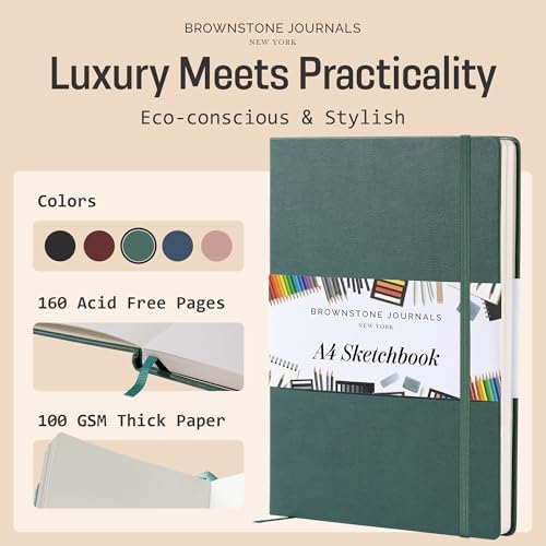 BROWNSTONE JOURNALS A4 Sketch Book Hardcover - 80 Sheets 100 GSM Paper | 8.5" x 11.5", Lay Flat, Vegan Leather Hardcover, Elastic Band, Back Pocket, Art Drawing Book for Adults & Students