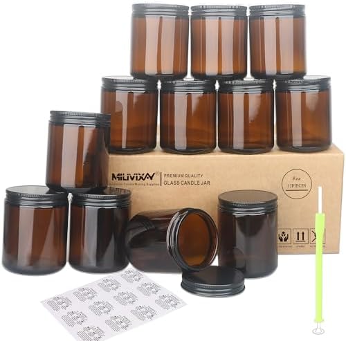 MILIVIXAY 12 Pack 8 OZ Thick Glass Dark Amber Candle Jars with All Black Metal Lids-Bulk Empty Candle Jars for Making Candles-Canning Jar for Spice, Liquid, Sample- Dishwasher Safe.