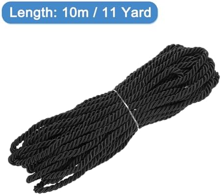 MECCANIXITY Twisted Cord Trim, 11 Yard 6mm 3-Ply Twine Braided Rope Shiny Thread String for Craft Gift Bag Curtain Christmas Decor, Black - 10m