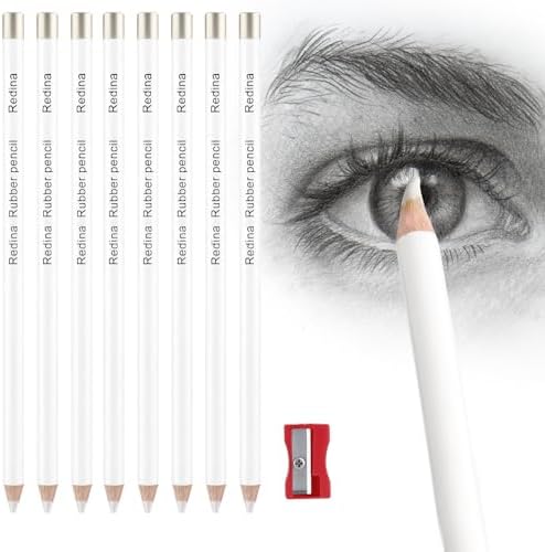 8 Pack Eraser Pencil Set for Drawing, White Wood Pencil Erasers for Sketch