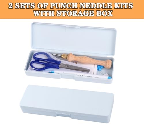 2 Sets Punch Needle Kit with Storage Box, Adjustable Tool with 1.6mm/2mm/2.5mm/3.5mm/5mm Metal Needles, Beginner DIY Craft, Perfect for Decoration and Gifts (Blue)