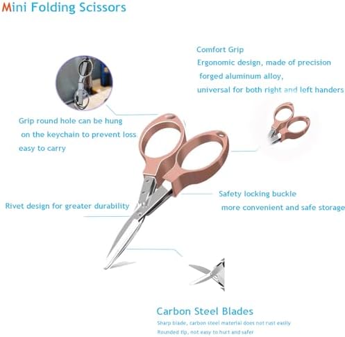 YVAOG Mini Folding Scissors, Safe Portable Safe Portable Travel Mini Scissors, Stainless Steel Retractable Small Scissors for Home Office, 2 Piece Set (rose gold)