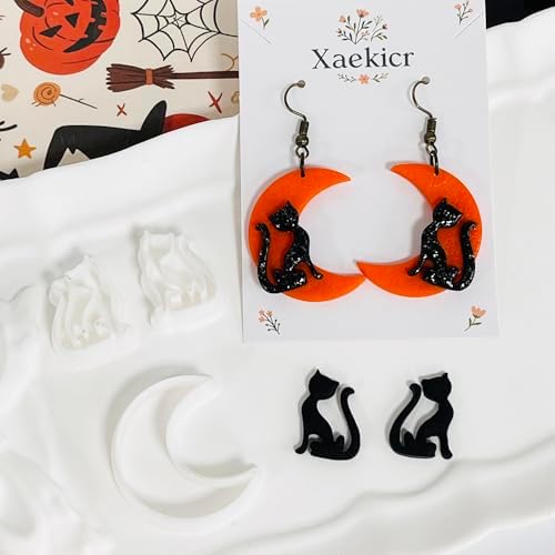 Xaekicr Halloween Moon and Cat Polymer Clay Cutters Set – 3Pcs Clay Earring Cutters for Halloween Earrings Making – Polymer Clay Molds and Tools for Jewelry DIY
