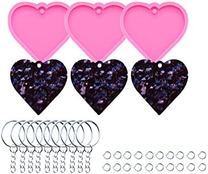 3pc Shiny Heart Resin Silicone Keychain Mould Crafts Epoxy Resin Art DIY Charms Mold with 10PC Key Ring(DY0136+DY0136+DY0136)