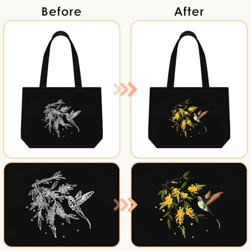 ERKOON Embroidery Canvas Tote Bag for Beginners, Floral Arts Crafts Cross Stitch Kits for Adults Including Stamped Embroidery Bag with Hoops, Needle, Instruction and Color Threads (Hummingbird)