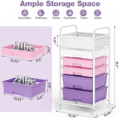 5 Drawer Rolling Storage Cart with Pegboard Top and Hooks, Dreamy Color