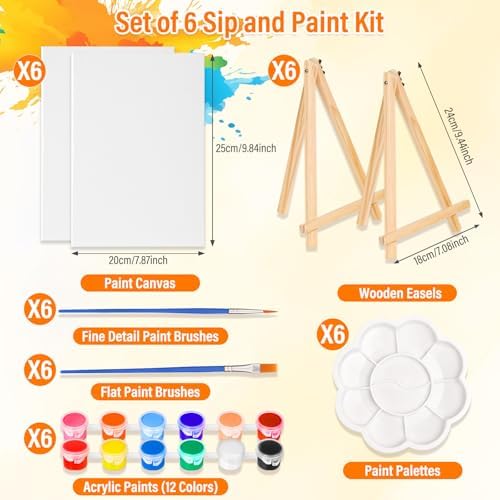 cridoz Paint and Sip Kit for Adults, 6 Pack 8" x 10" Canvases with Easels, Acrylic Paint Set, Painting Trays for Parties