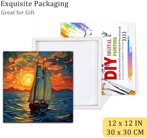Natuyalo Framed Paint by Numbers for Adults - Sailboat DIY Adult Paint by Number Kits Sunset Seascape Acrylic Painting by Numbers for Beginners Art Craft Kits for Adults (12x12 Inch, Framed)