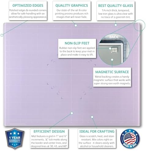 GLASSBOARD STUDIO Glass Craft Mat - Magnetic, Heat & Scratch Resistant - For Crafting, Cutting, Painting, Mixed Media Artwork - Grid Lines, Non-Slip Rubber Feet (Meadow Lilac 18"L x 24"W)