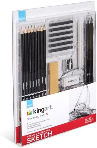 KINGART 22-Piece Professional Sketching Kit with 9x12 Drawing Pad – Includes 12 Graphite Pencils, 6 Soft Pastels, Blending Stump, Kneaded Eraser, and Sharpener – Versatile Artist Set for Shading