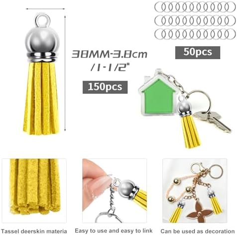 Tassels for Jewelry Making 150 Pieces Yellow Leather Tassels Bulk 38mm Silver Cap Keychain Charms with 50pcs Jump Rings for DIY Jewelry Keychain Blanks Bracelet Crafting Supplies