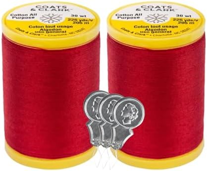 Coats & Clark Cotton All Purpose Sewing Thread 100% Mercerized Cotton 225 Yards Each Spool S970 2 Pack Bundle with 3 Bella's Crafts Needle Threaders (Red)