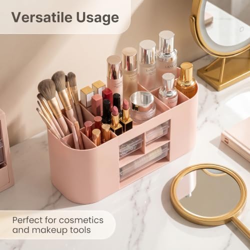 Makeup Organizer with Drawers, Vanity Storage Box, Pink