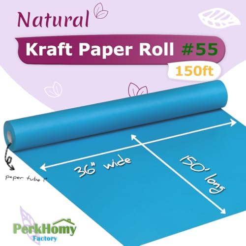 PerkHomy Lake Blue Kraft Paper Roll 36" x 1,800" (150') for Gift Wrapping Bouquet Flower Art Painting Craft Writing Packaging Shipping 80GSM 55LB (Lake Blue, 36" x 150')