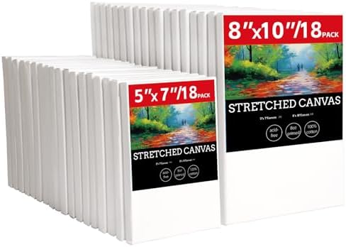 36 Pack Stretched Canvases for Painting-18 Packs of 5x7,8x10