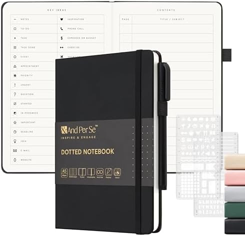 &And Per Se Dotted Notebook with Pen, 176 Numbered Dotted Pages, A5 Hardcover, Journal Stencils & Fineliner Pen for Beginners Women Men (Black)