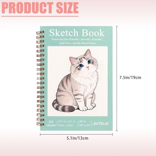 DSTELIN 2 Pack Hardcover Sketchbooks (100 GSM Sketch Paper), 7.5x5.1 Inch Spiral Sketch Book for Sketching, Drawing, Painting, 50 Sheets per Pack, Pink and Green