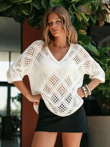 Womens Crochet Top Summer 3/4 Sleeve Cover Up V Neck Boho Tops