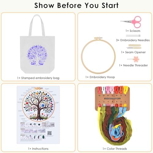 ERKOON Embroidery Canvas Tote Bag for Beginners, Needlepoint Arts Crafts Cross Stitch Kits for Adults Including Stamped Embroidery Bag with Hoops, Needle, Instruction and Color Threads (Tree)
