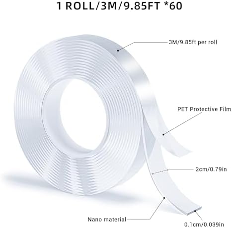Double Sided Tape, Nano Tape, Transparent Adhesive Tape, Traceless Adhesive Tape, Removable, Washable, Reusable, Suitable for Carpets, Photo Walls, 3m Per Roll, 60 Rolls