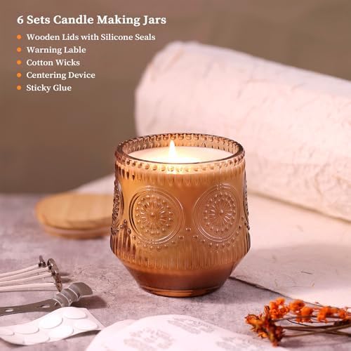 LAMORGIFT 6 Pack Terracotta Candle Jars for Making Candles- Large 13.5oz Glass Jars with Wooden Lids and Labels, Empty Candle Jar Containers Vessels for Candle Making Supplies