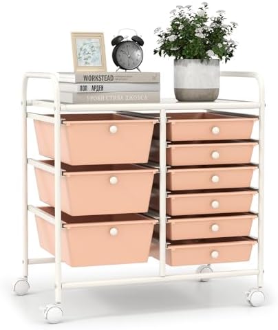 LDAILY 9 Drawer Rolling Storage Cart, Rolling Cart with Drawers for Classroom, Art Supply Craft Organizer on Wheel with Metal Frame & Handles for Home Office School