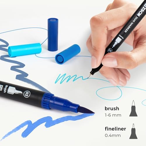 Blue Duo Tip Marker Pens, 12 Fine & Brush Tip Pen For Adult Coloring Books