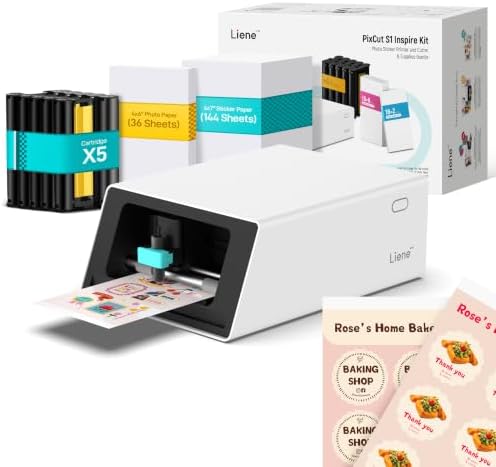 Liene PixCut S1 Inspire Kit - All-in-One Color Sticker Printer & Cutting Machine, Thermal Dye-Sublimation Photo Printer, 300 DPI, Color Label Maker with 180 Sheets (36 Photo + 144 Sticker Paper)