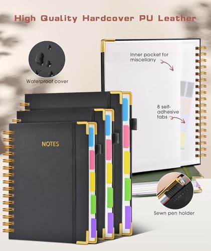 Hardcover Spiral Notebook 8.5"x11" Journal with Removable Dividers Tabs, 300 Pages Leather 5 Subject Notebook College Ruled, Large A4 Notebooks for Work School, Lined Journal for Women, A4 Black